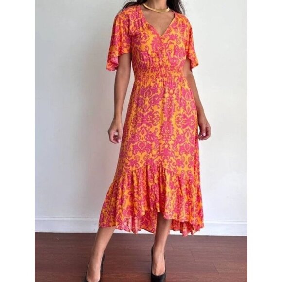 Anthropologie Abel The Label Maya Floral Smocked Midi Hi Low Dress Size Large - Picture 1 of 10